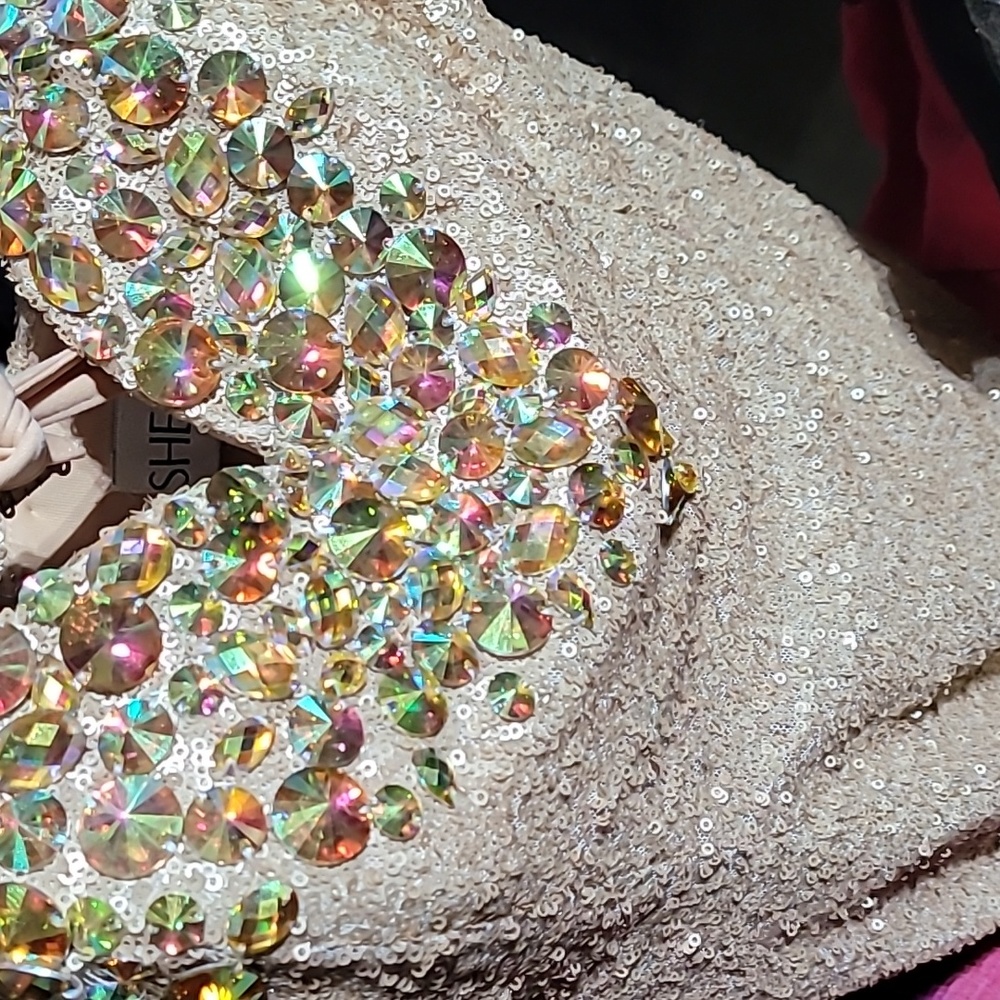 Sherri Hill Champagne Sequin Rhinestone Long Formal Prom Wedding Gown EUC